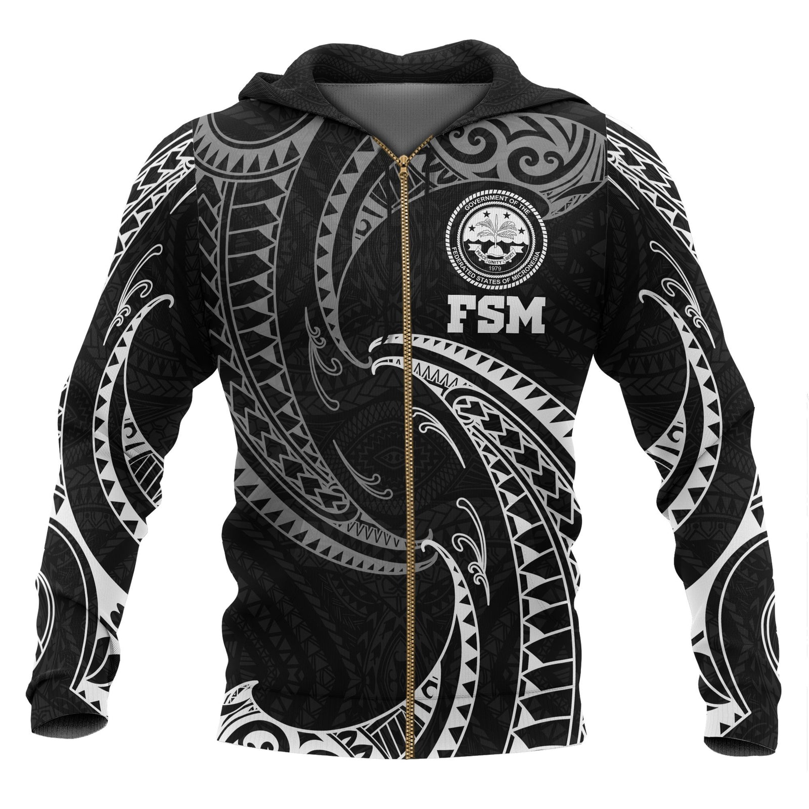 Federated States of Micronesia All Over Zip up Hoodie White Tribal Wave Unisex Black - Polynesian Pride