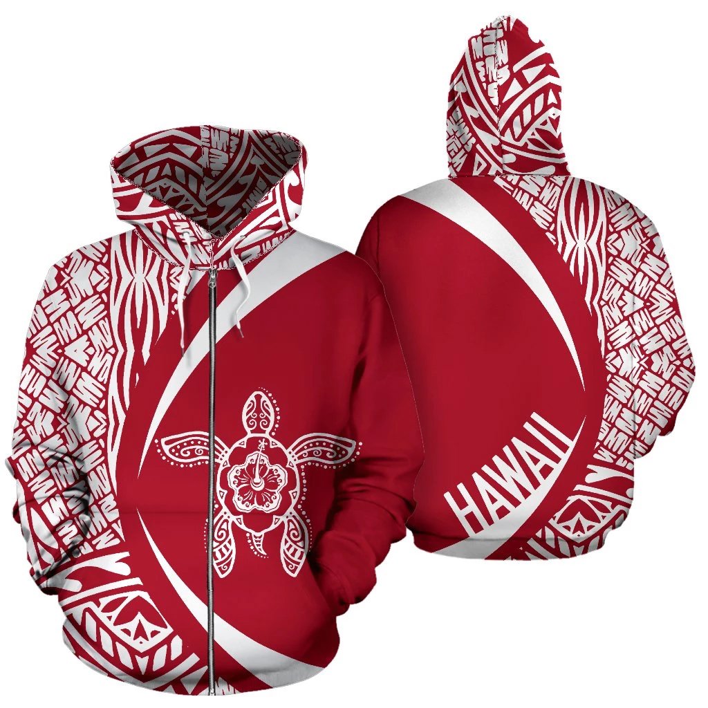 Hawaii Turtle Polynesian Zip up Hoodie White and Red Circle Style Unisex Red - Polynesian Pride