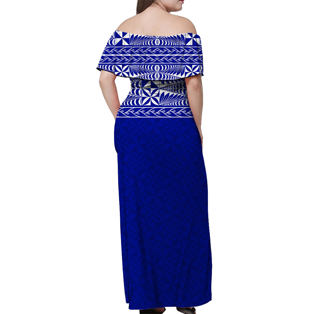 Tonga Off Shoulder Long Dress - Tongan Pattern Blue Ver1 - LT12 - Polynesian Pride