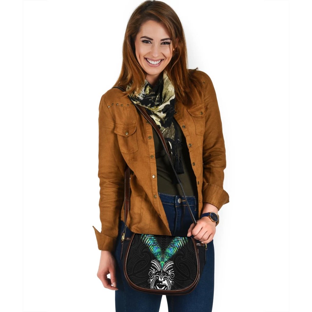 New Zealand Maori Moko Leather Saddle Bag Paua Shell - Polynesian Pride