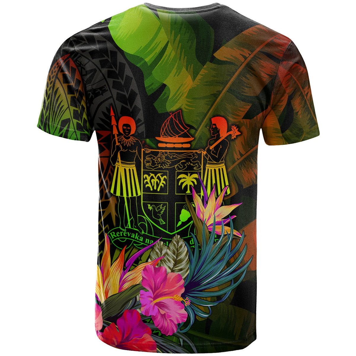 Fiji Polynesian T Shirt Hibiscus and Banana Leaves - Polynesian Pride