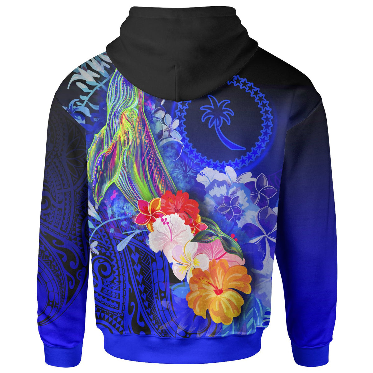 Chuuk Hoodie Humpback Whale with Tropical Flowers (Blue) - Polynesian Pride