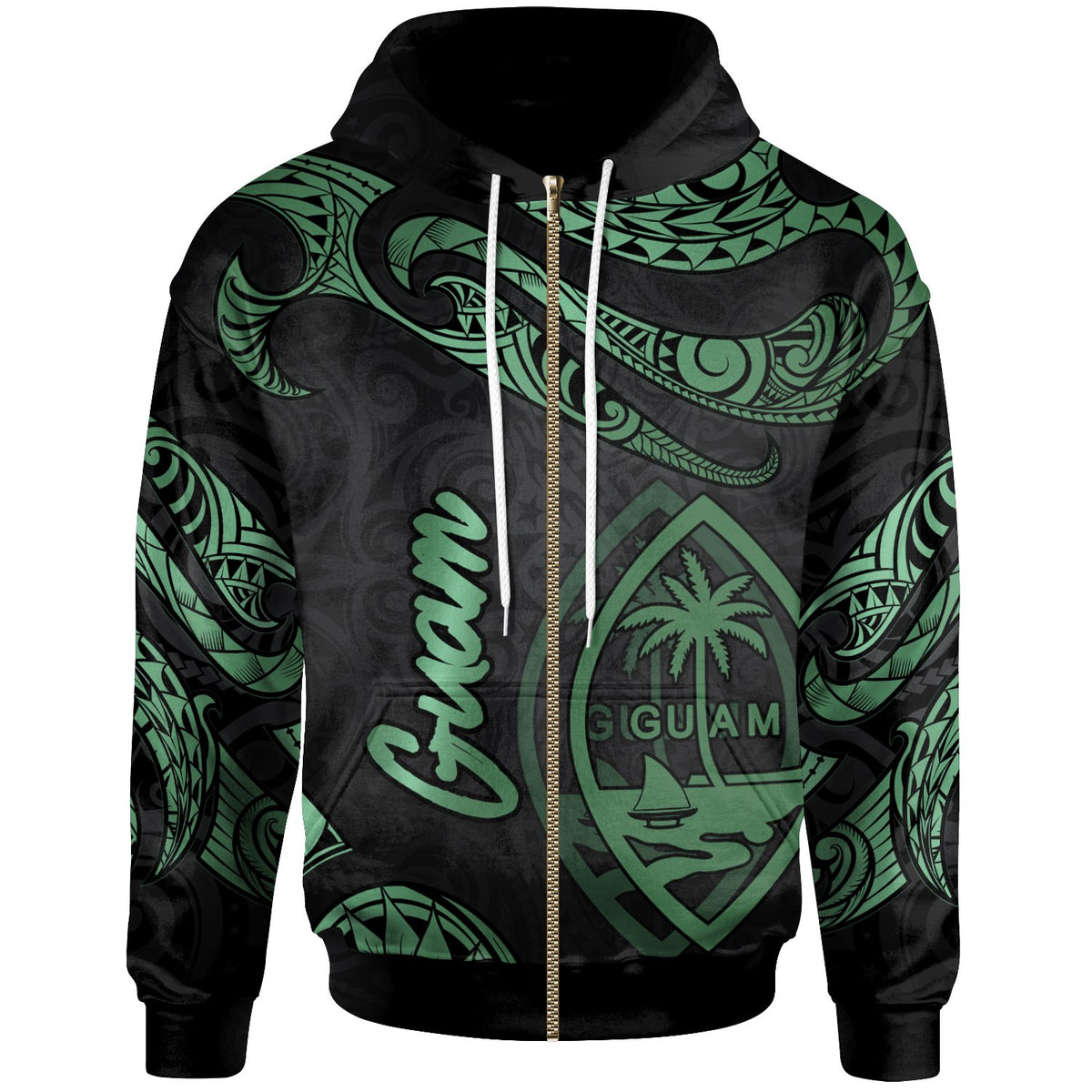 Guam Polynesian Zip Hoodie Polynesian Tattoo Green Version Unisex Green - Polynesian Pride