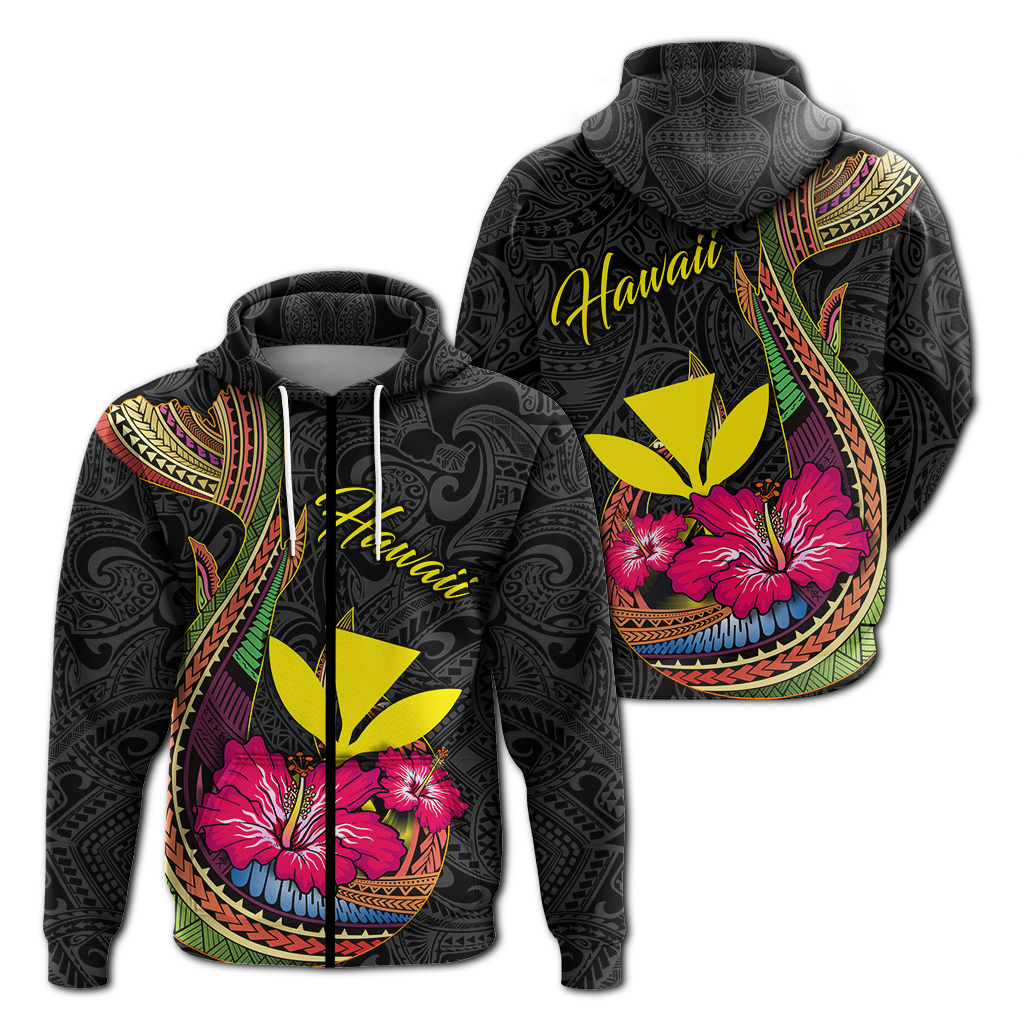 Hawaii Polynesian Fish Hook Hibiscus Hoodie LT12 Zip Hoodie Black - Polynesian Pride