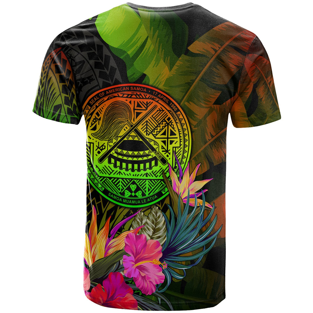 American Samoa Polynesian T Shirt Hibiscus and Banana Leaves - Polynesian Pride