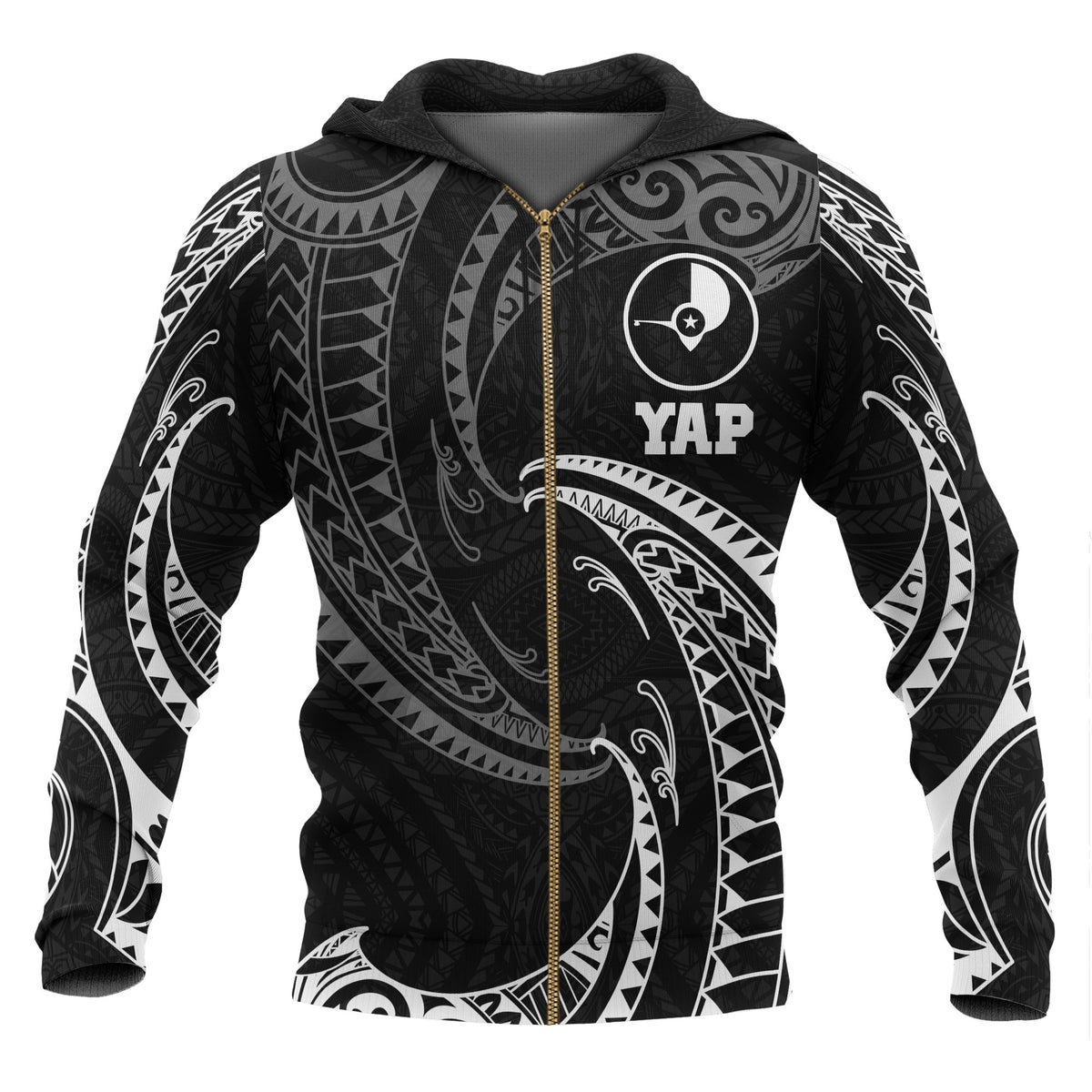 Yap Micronesia All Over Zip up Hoodie White Tribal Wave Unisex Black - Polynesian Pride