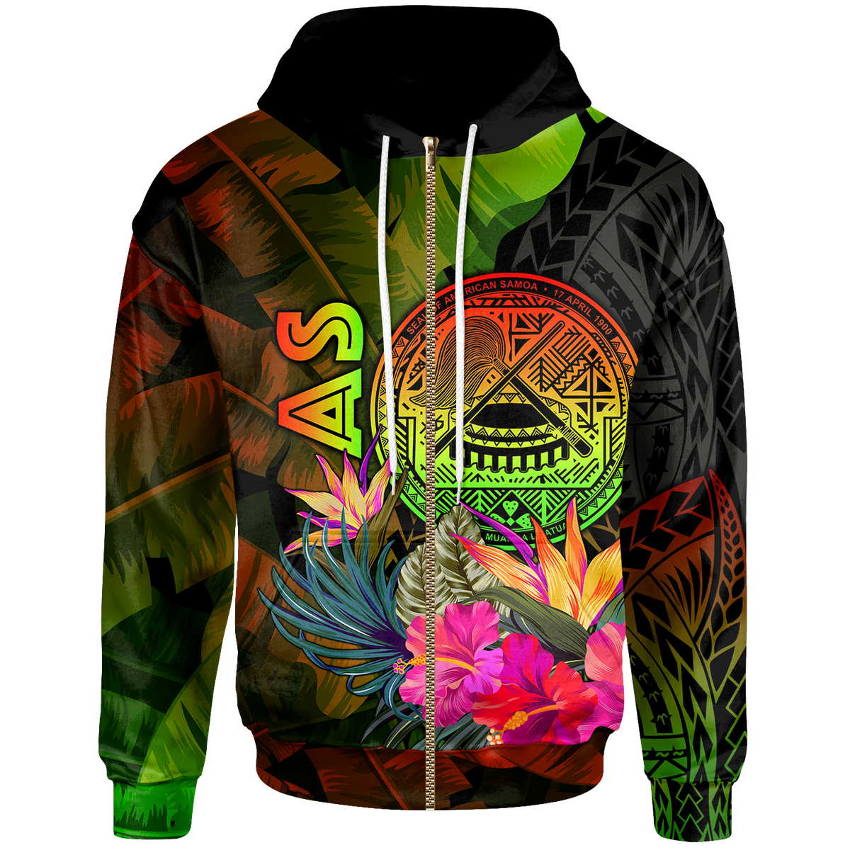 American Samoa Polynesian Zip up Hoodie Hibiscus and Banana Leaves Unisex Reggae - Polynesian Pride