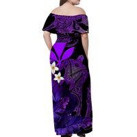 Hawaii Turtle With Plumeria Leaf Purple Women Off Shoulder Long Dress - LT12 - Polynesian Pride