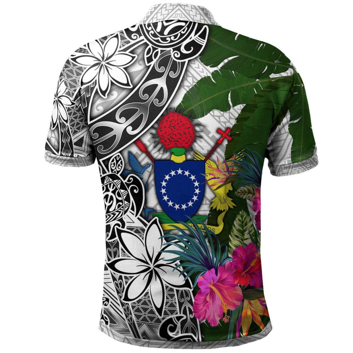 Cook Islands Custom Polo Shirt White Turtle Plumeria Banana Leaf - Polynesian Pride