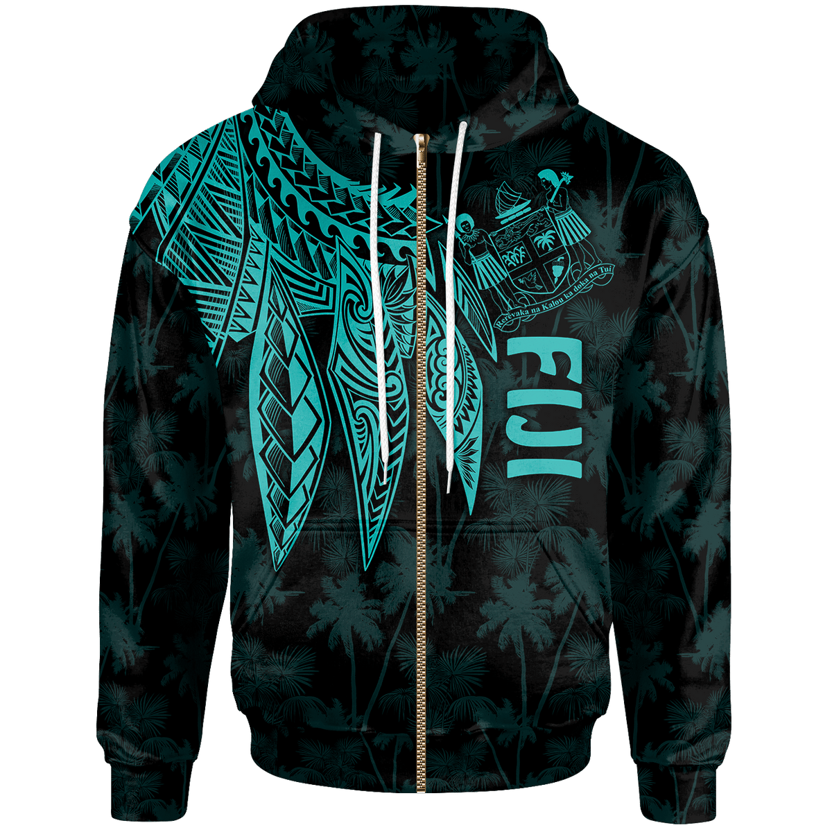 Fiji Zip up Hoodie Polynesian Wings (Turquoise) Unisex Blue - Polynesian Pride