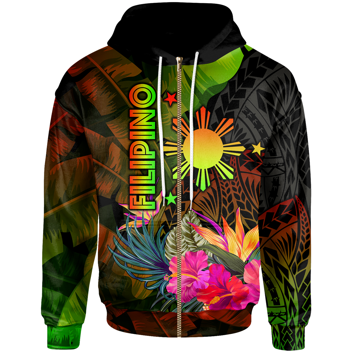 The Philippines Polynesian Zip up Hoodie Hibiscus and Banana Leaves Unisex Reggae - Polynesian Pride