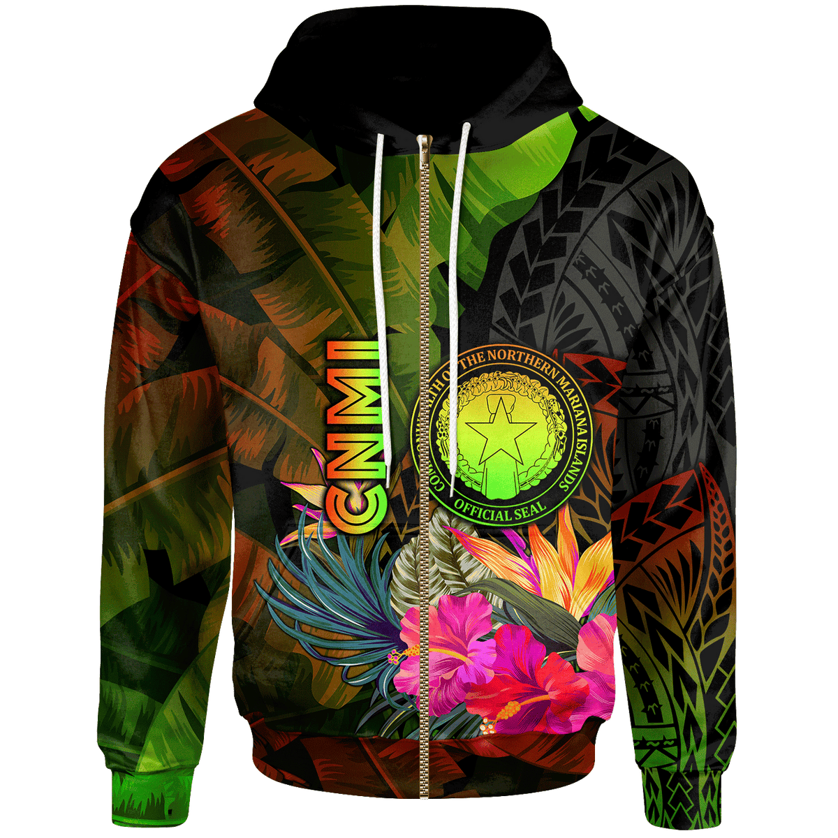 Northern Mariana Islands Polynesian Zip up Hoodie Hibiscus and Banana Leaves Unisex Reggae - Polynesian Pride