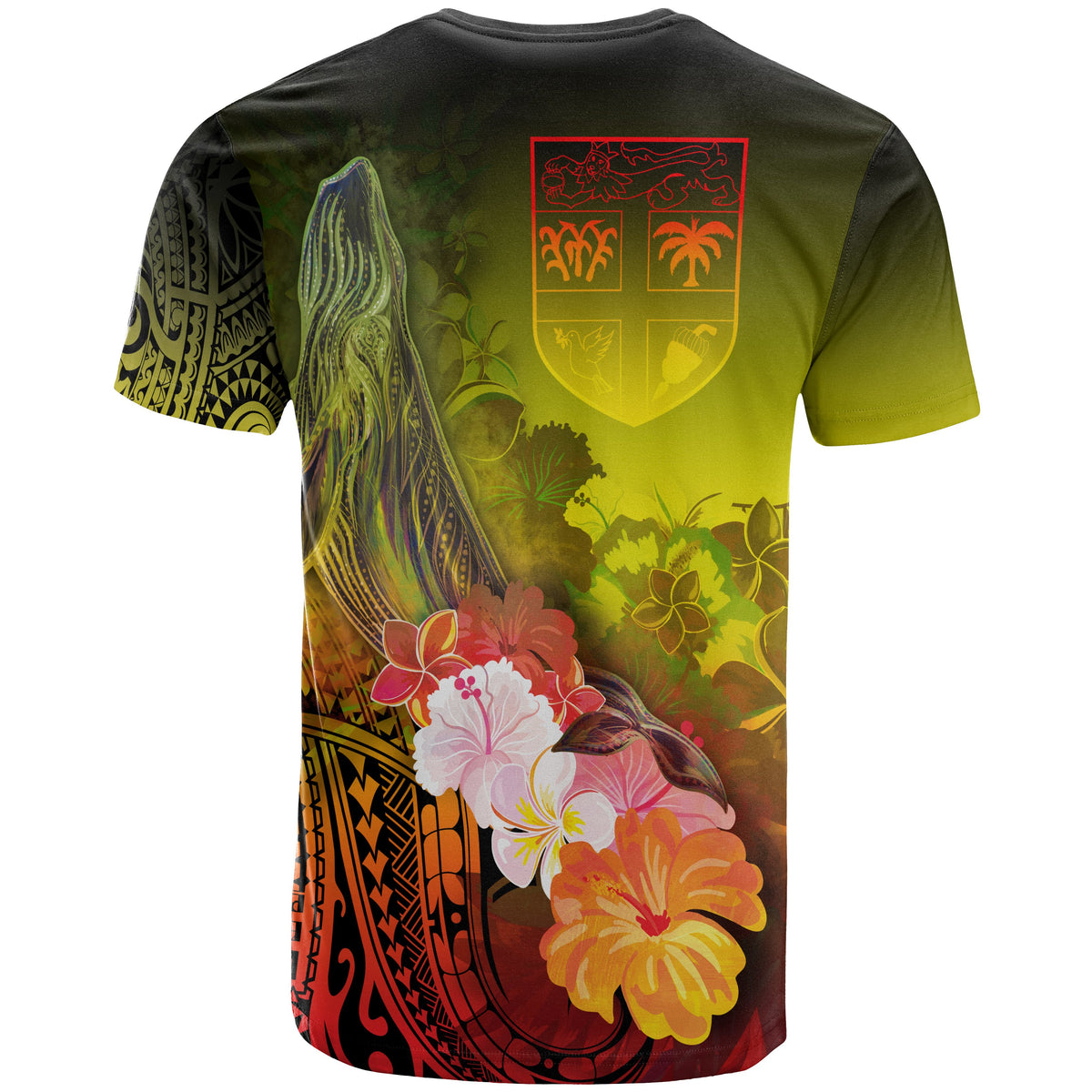 Fiji T Shirt Humpback Whale with Tropical Flowers (Yellow) - Polynesian Pride