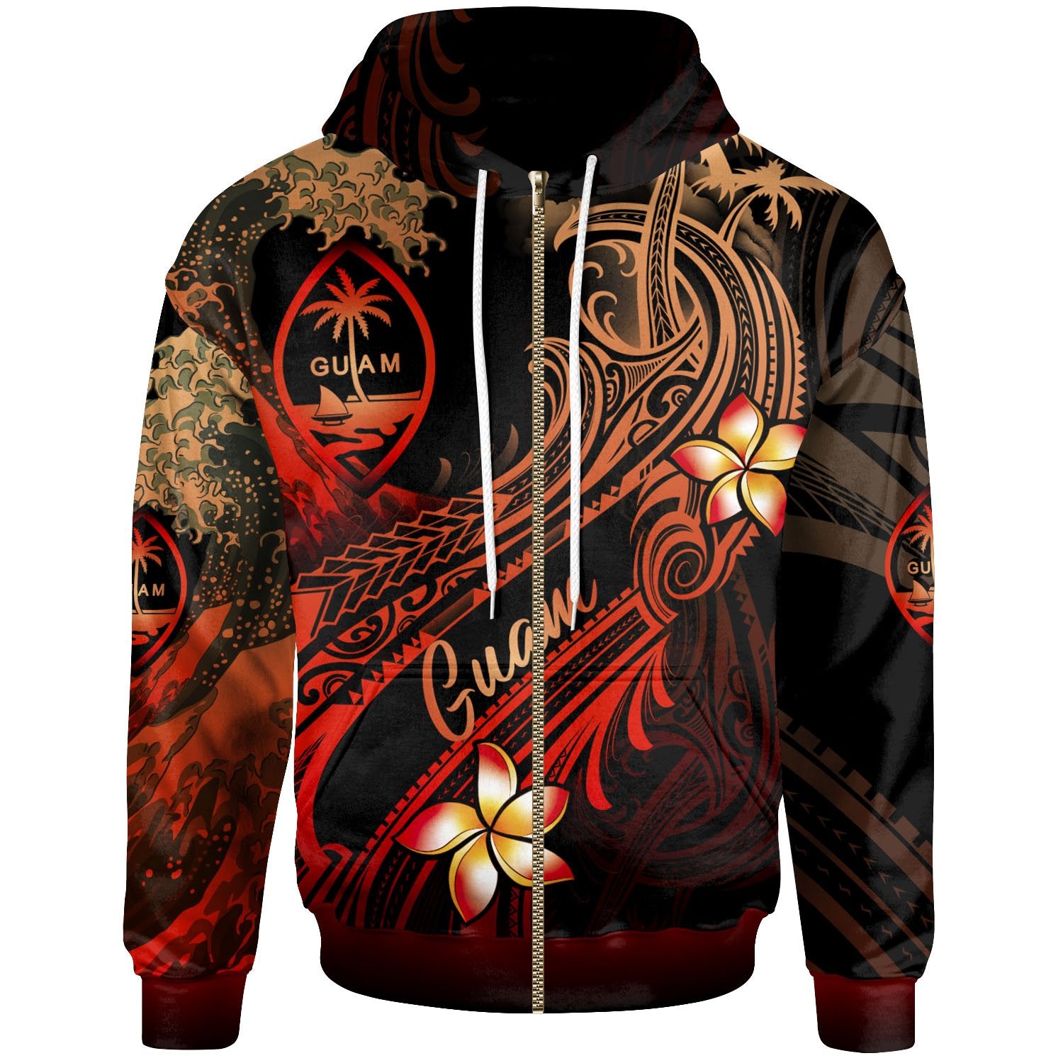 Guam Polynesian Zip up Hoodie Plumeria Flowers and Waves Unisex Red - Polynesian Pride