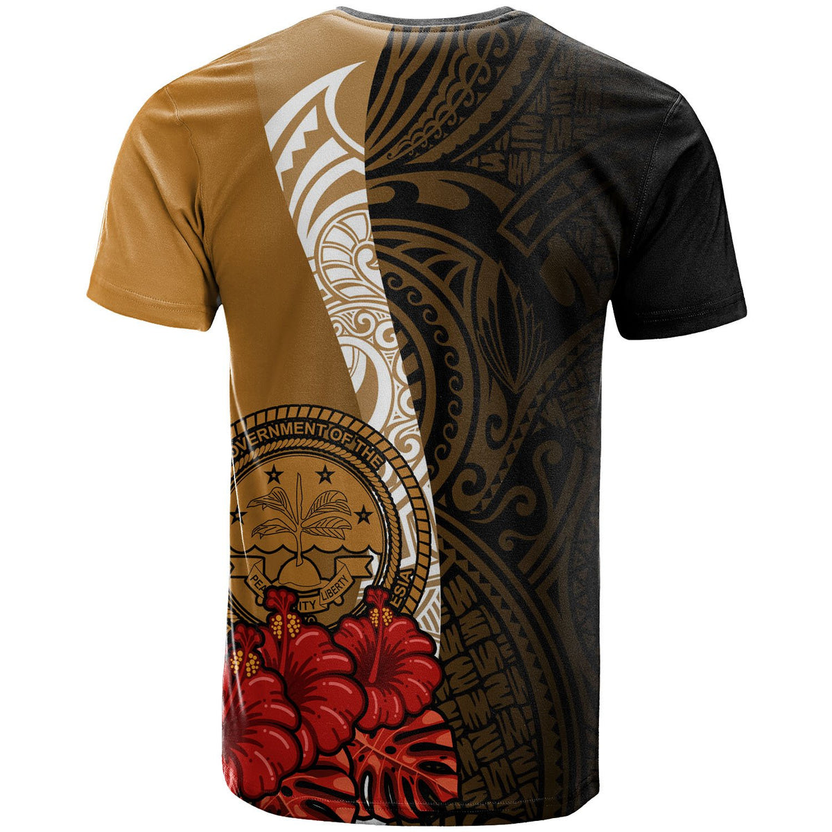 Federated States of Micronesia Custom T Shirt Coat of Arms With Hibiscus Gold - Polynesian Pride
