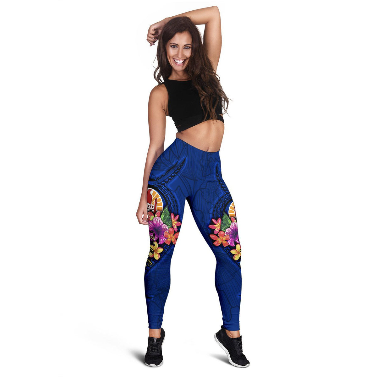 Tahiti Polynesian Women's Leggings - Floral With Seal Blue - Polynesian Pride