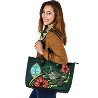 Guam Polynesian Leather Tote Bag - Green Turtle Hibiscus - Polynesian Pride