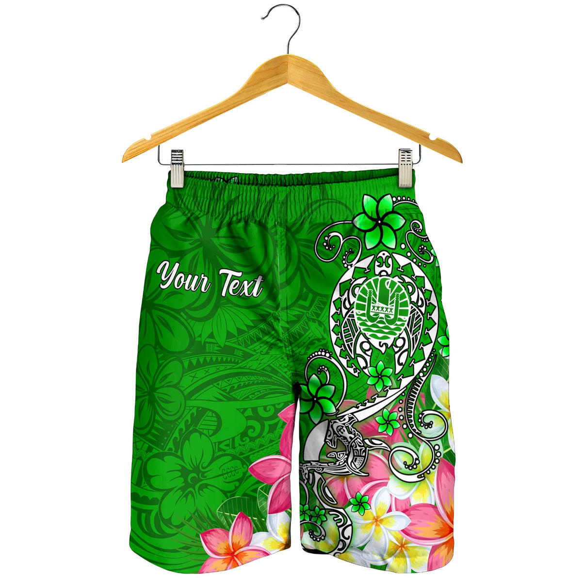 Tahiti Custom Personalised Men's Shorts - Turtle Plumeria (Green) - Polynesian Pride