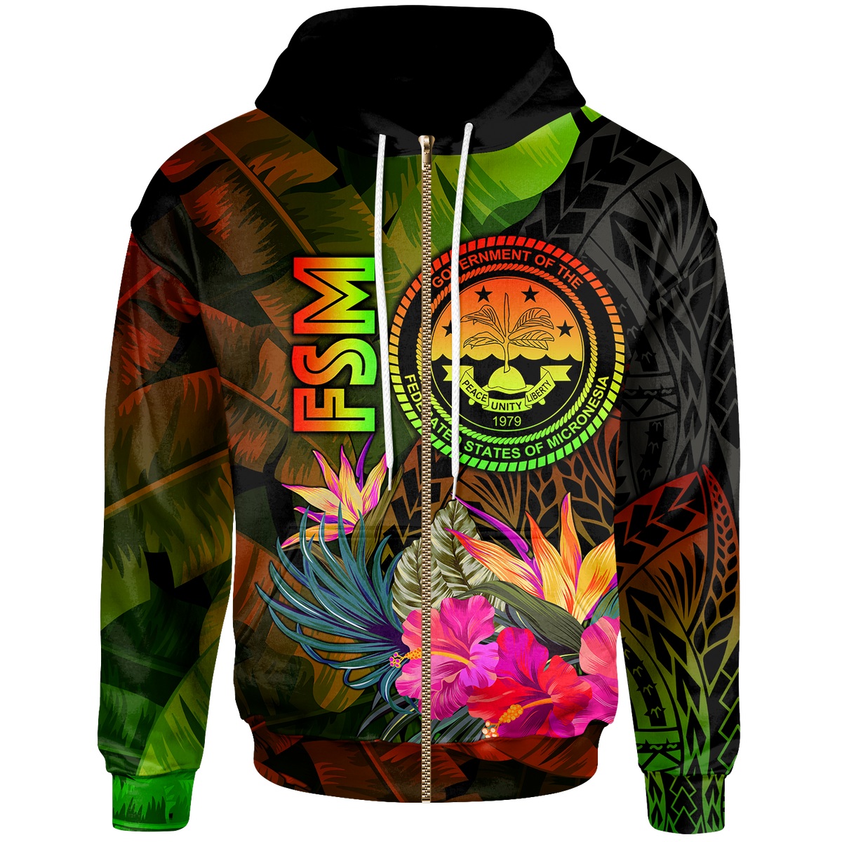 Federated States of Micronesia Polynesian Zip up Hoodie Hibiscus and Banana Leaves Unisex Reggae - Polynesian Pride