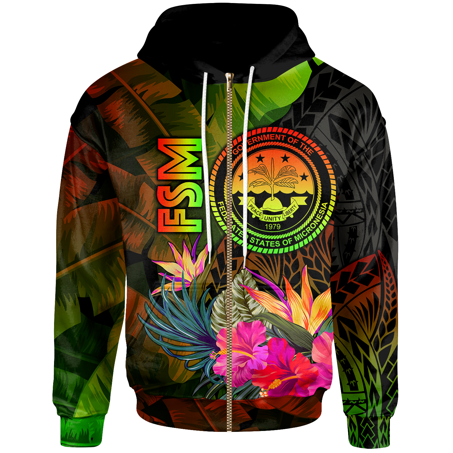 Federated States of Micronesia Polynesian Zip up Hoodie Hibiscus and Banana Leaves Unisex Reggae - Polynesian Pride