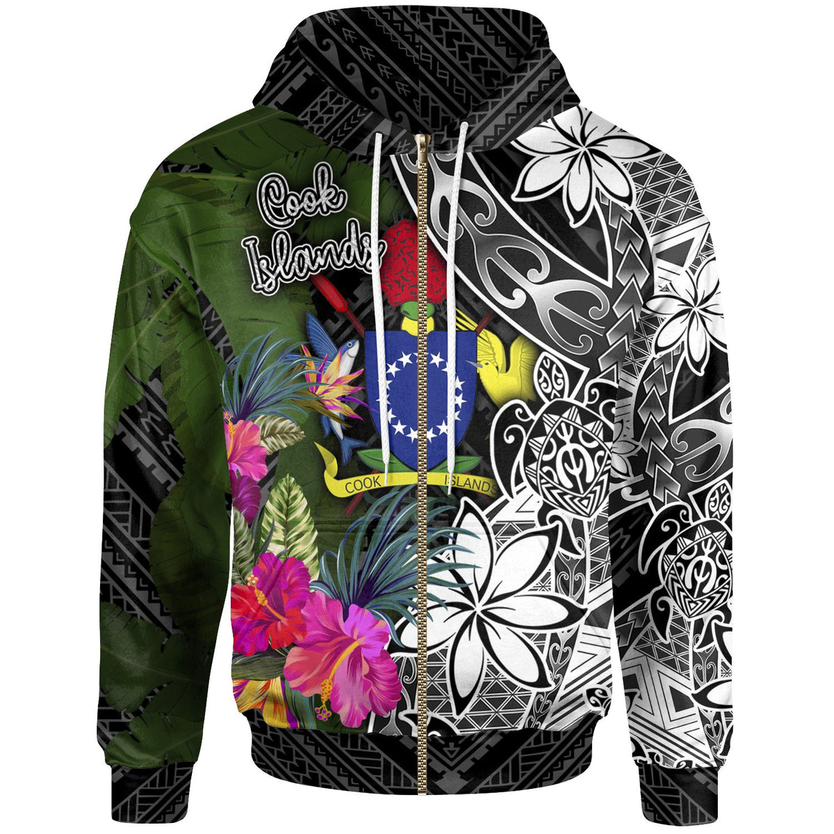 Cook Islands Zip up Hoodie Turtle Plumeria Banana Leaf Unisex Black - Polynesian Pride