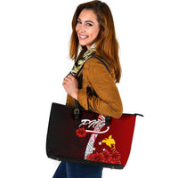 Papua New Guinea Polynesian Leather Tote Bag - Coat Of Arm With Hibiscus - Polynesian Pride
