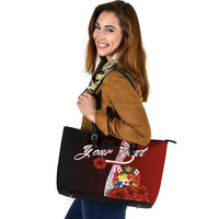 Tonga Polynesian Custom Personalised Leather Tote Bag - Coat Of Arm With Hibiscus - Polynesian Pride