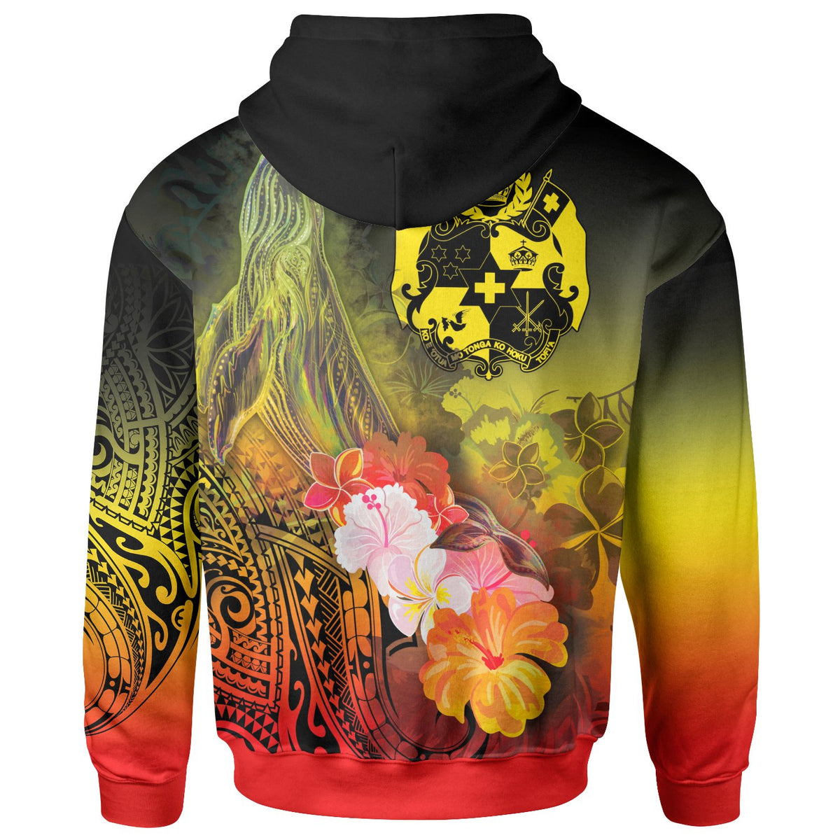 Tonga Hoodie Humpback Whale with Tropical Flowers (Yellow) - Polynesian Pride