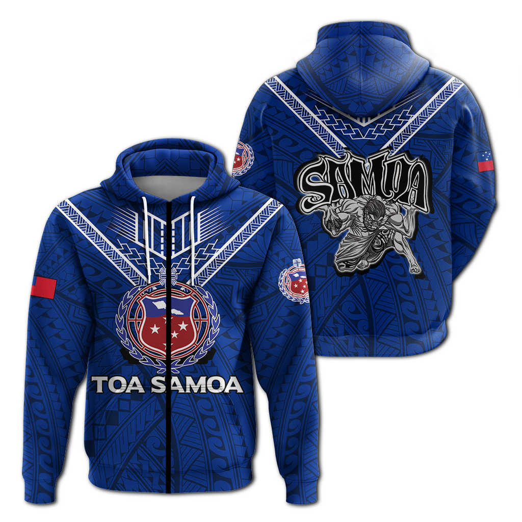 Toa Samoa Rugby Hoodie Samoan Warrior Pride LT12 Zip Hoodie Blue - Polynesian Pride