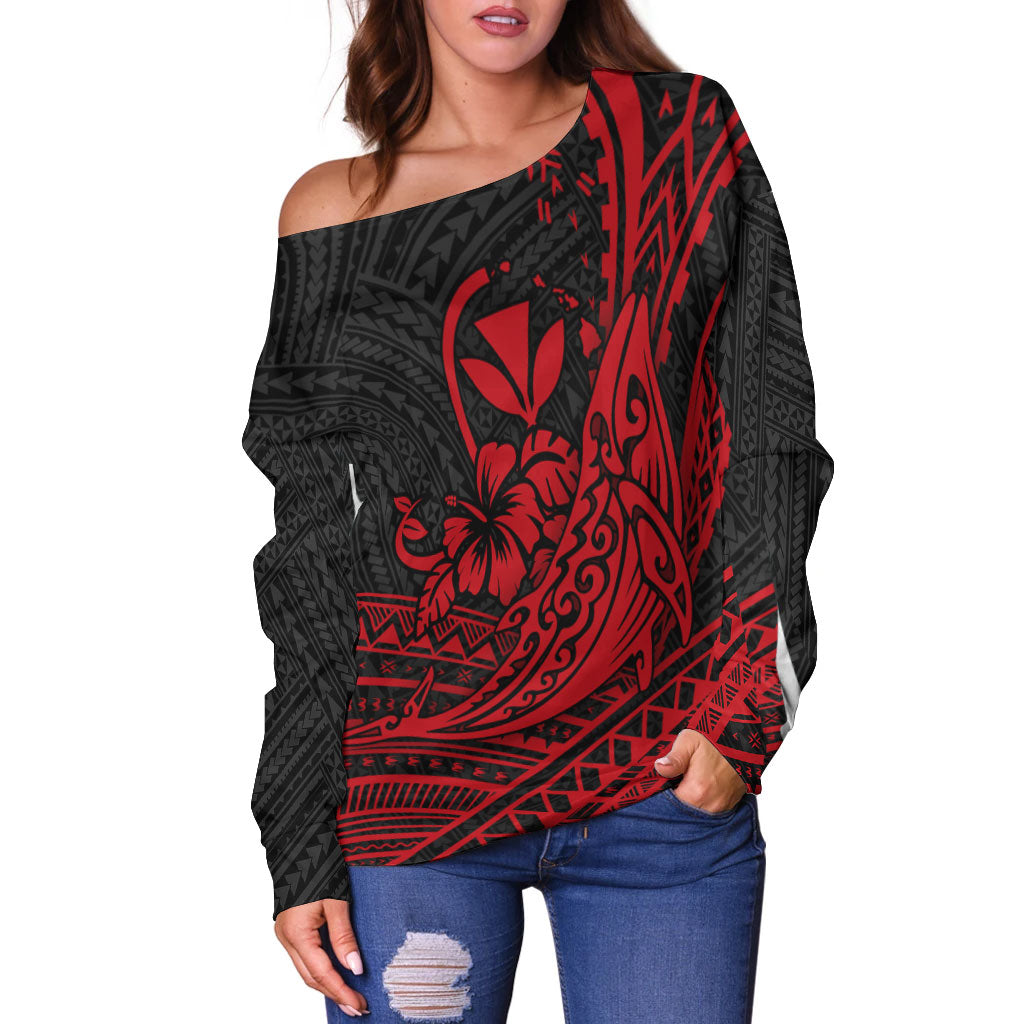 Hawaii Humpback Whale With Hibiscus Tribal Red Women Off Shoulder Sweater - LT12 - Polynesian Pride
