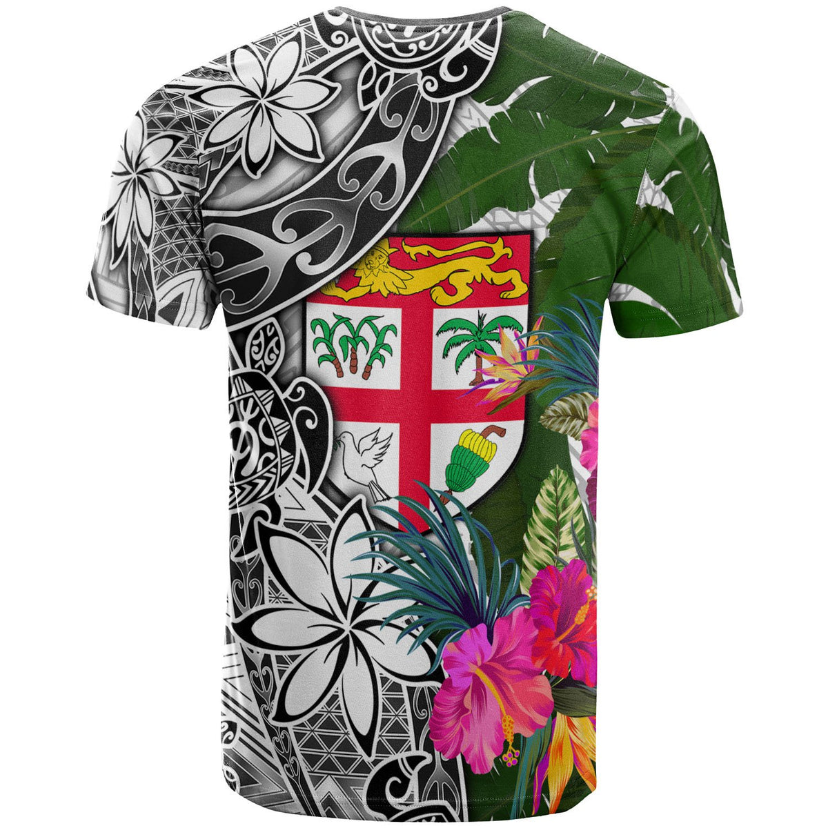 Fiji T Shirt White Turtle Plumeria Banana Leaf - Polynesian Pride