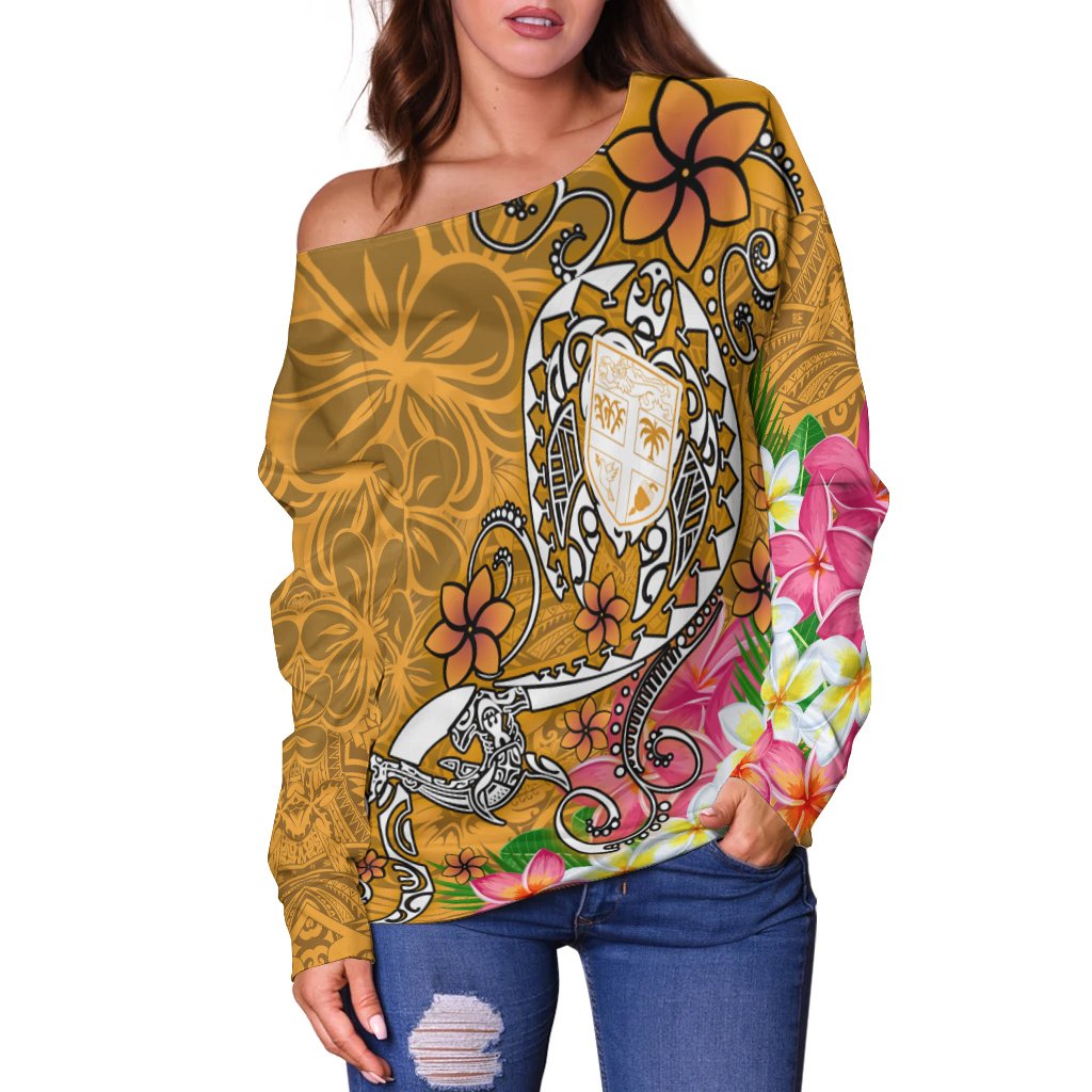 Fiji Women's Off Shoulder Sweater - Turtle Plumeria (Gold) - Polynesian Pride