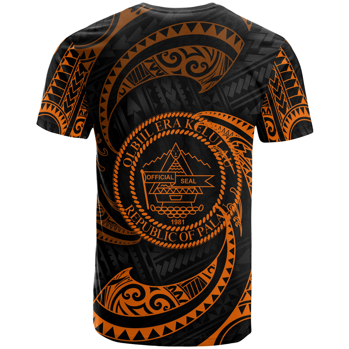 Palau Polynesian All Over T Shirt Orange Tribal Wave - Polynesian Pride