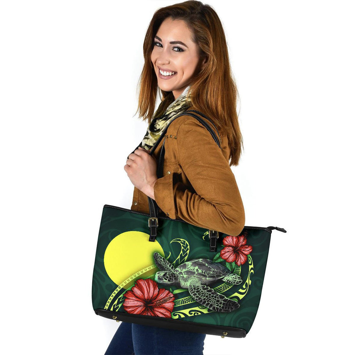 Palau Polynesian Leather Tote Bag - Green Turtle Hibiscus - Polynesian Pride