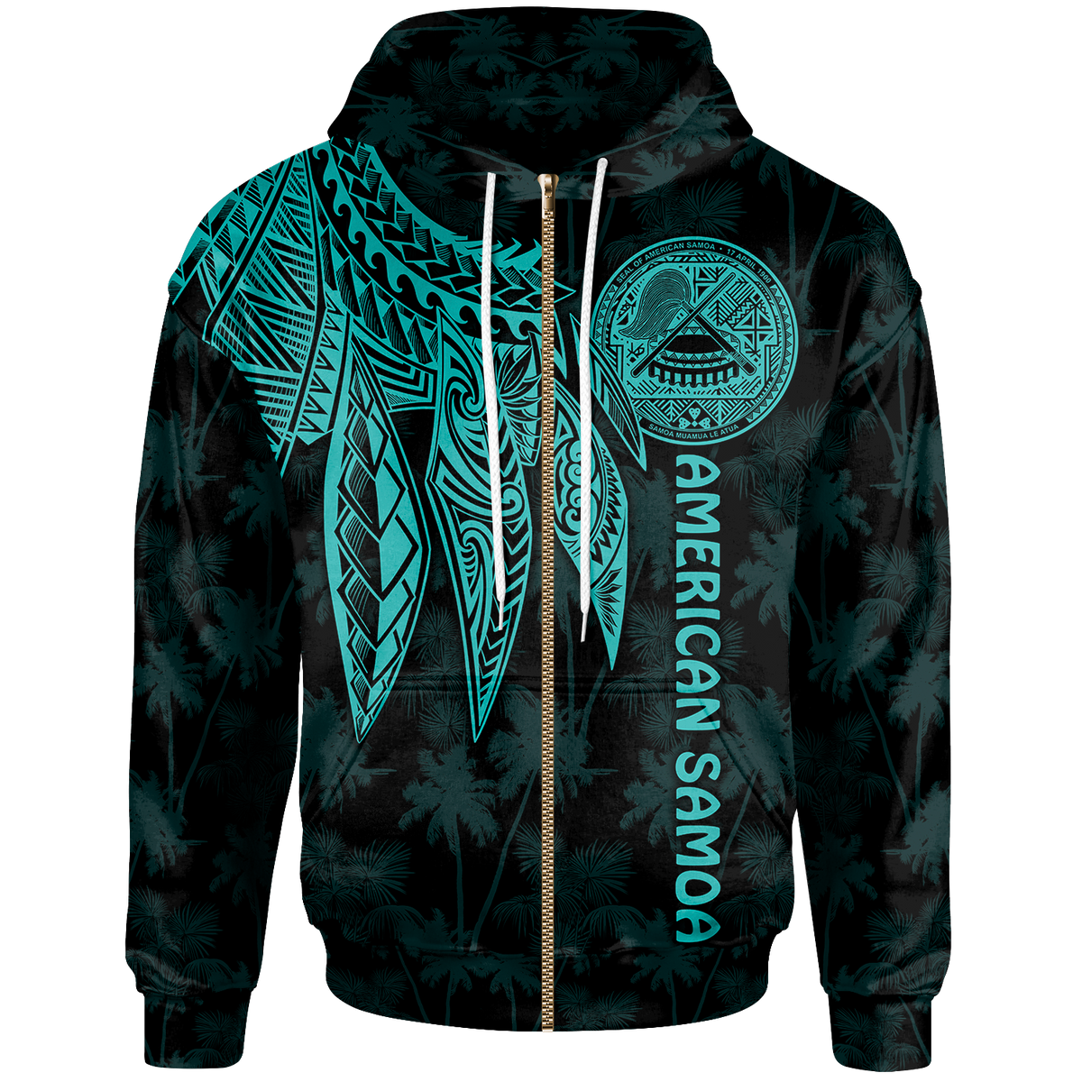 American Samoa Zip up Hoodie Polynesian Wings (Turquoise) Unisex Black - Polynesian Pride