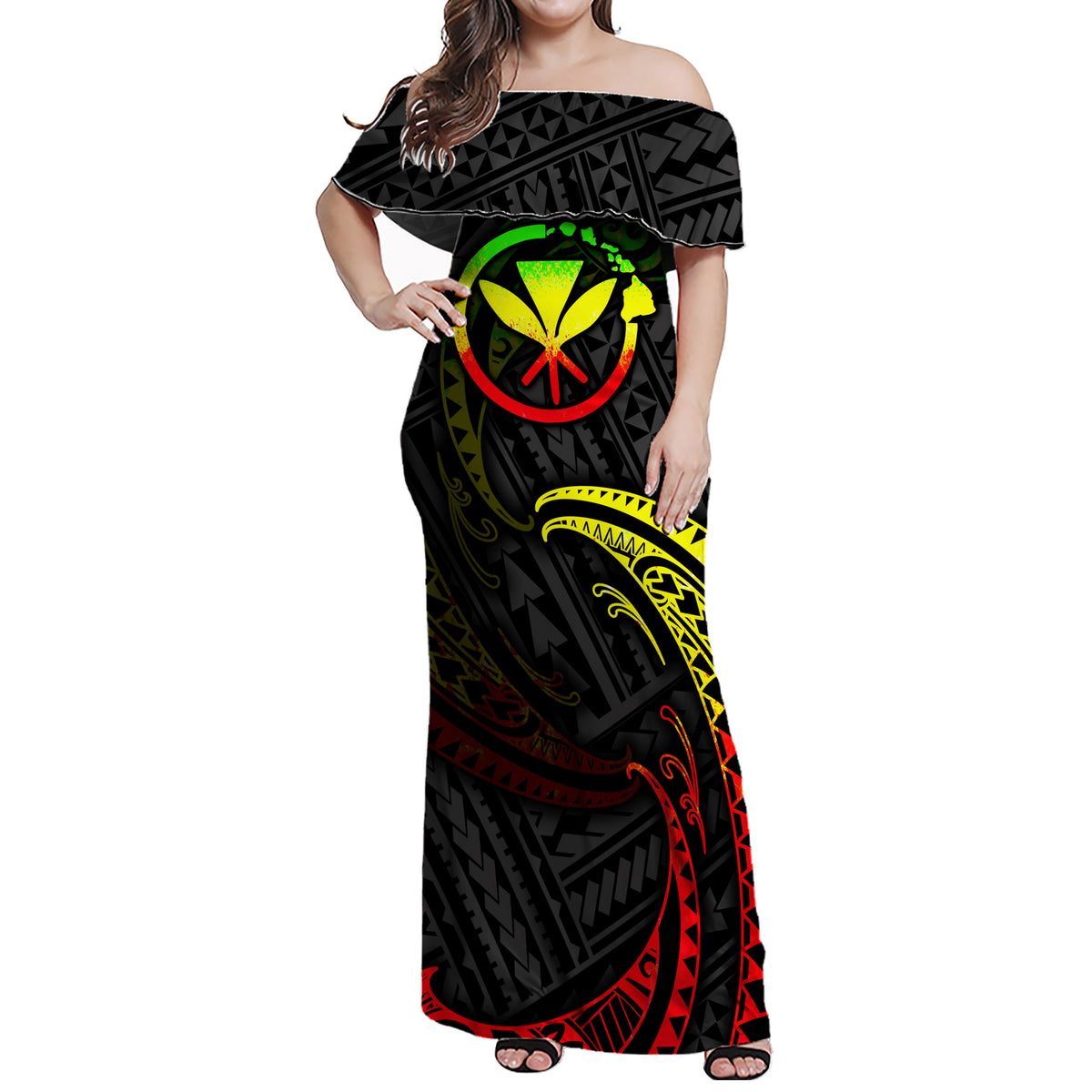 Hawaii Polynesian Matching Dress and Hawaiian Shirt Reggaee Tribal Wave - Polynesian Pride
