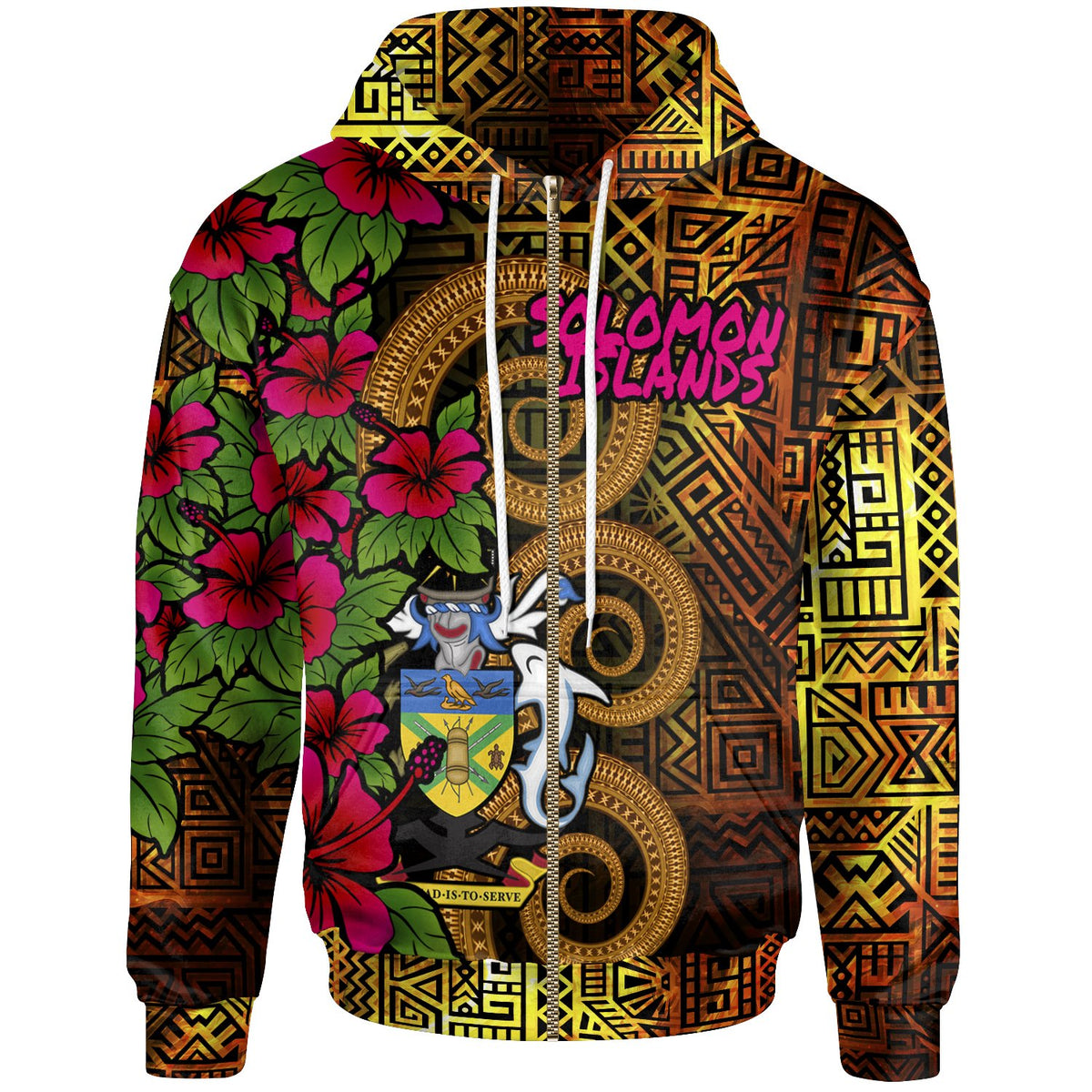 Solomon Islands Polynesian Zip up Hoodie Hibiscus Vintage Unisex Orange - Polynesian Pride
