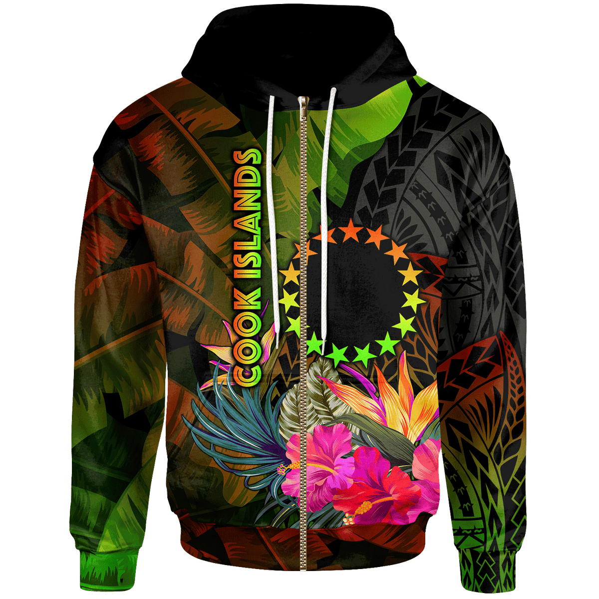 Cook Islands Polynesian Zip up Hoodie Hibiscus and Banana Leaves Unisex Reggae - Polynesian Pride
