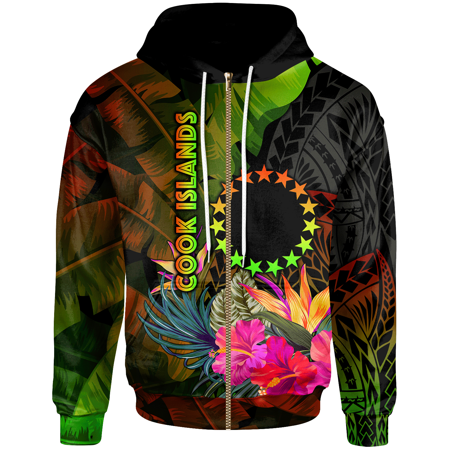 Cook Islands Polynesian Zip up Hoodie Hibiscus and Banana Leaves Unisex Reggae - Polynesian Pride