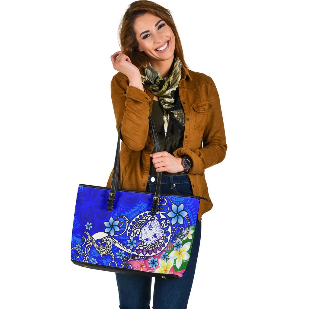 Fiji Large Leather Tote - Turtle Plumeria (Blue) - Polynesian Pride