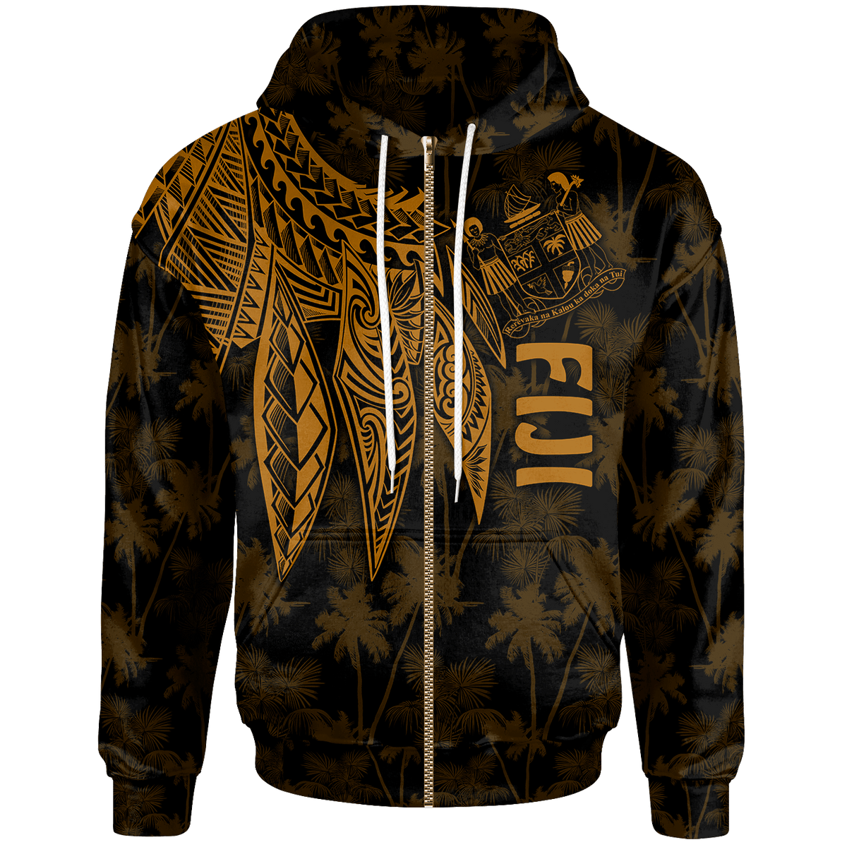 Fiji Zip up Hoodie Polynesian Wings (Golden) Unisex Blue - Polynesian Pride