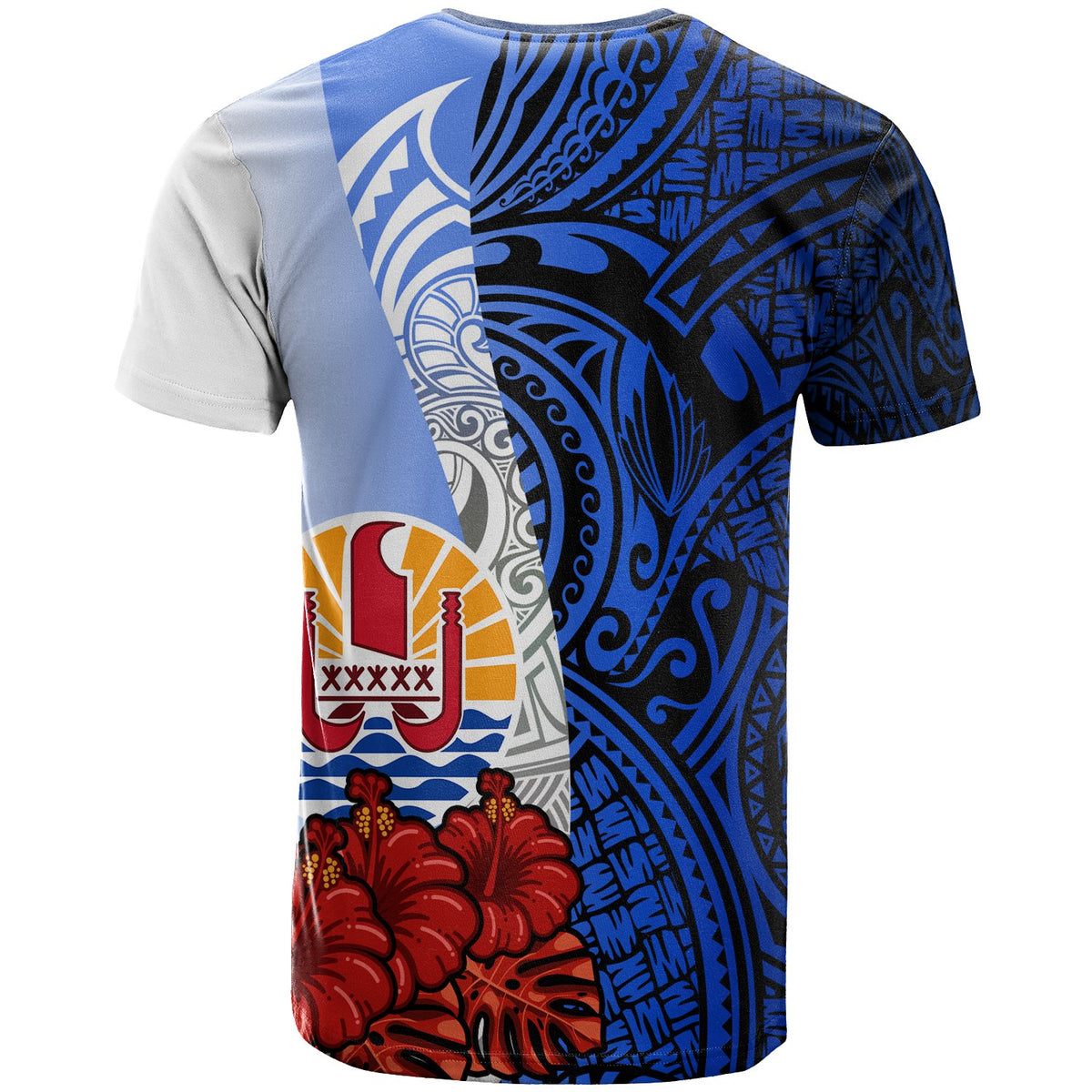 Tahiti Polynesian Custom T Shirt Coat of Arm With Hibiscus Blue - Polynesian Pride