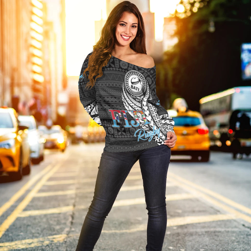 Fiji Rugby Bati Tapa Pattern Women Off Shoulder Sweater - LT2 - Polynesian Pride