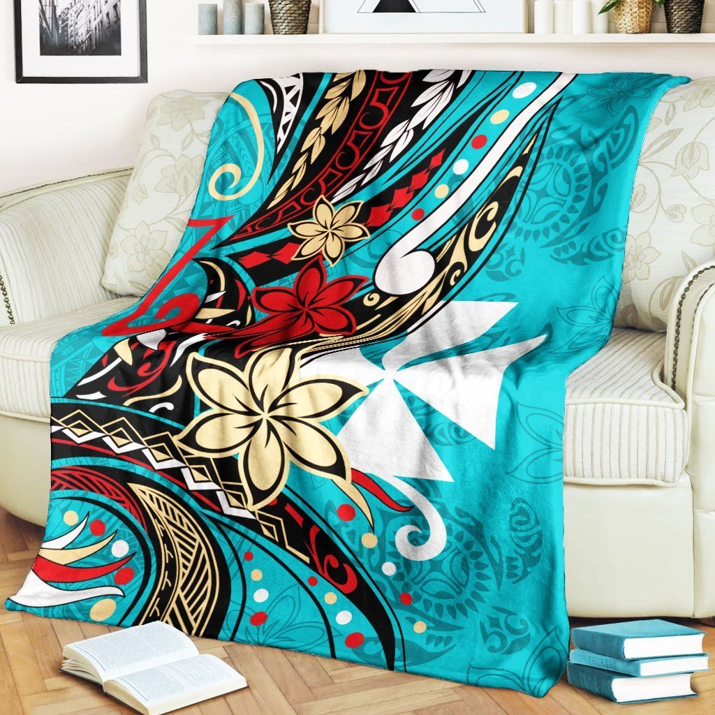 Wallis and Futuna Premium Blanket - Tribal Flower With Special Turtles Blue Color - Polynesian Pride