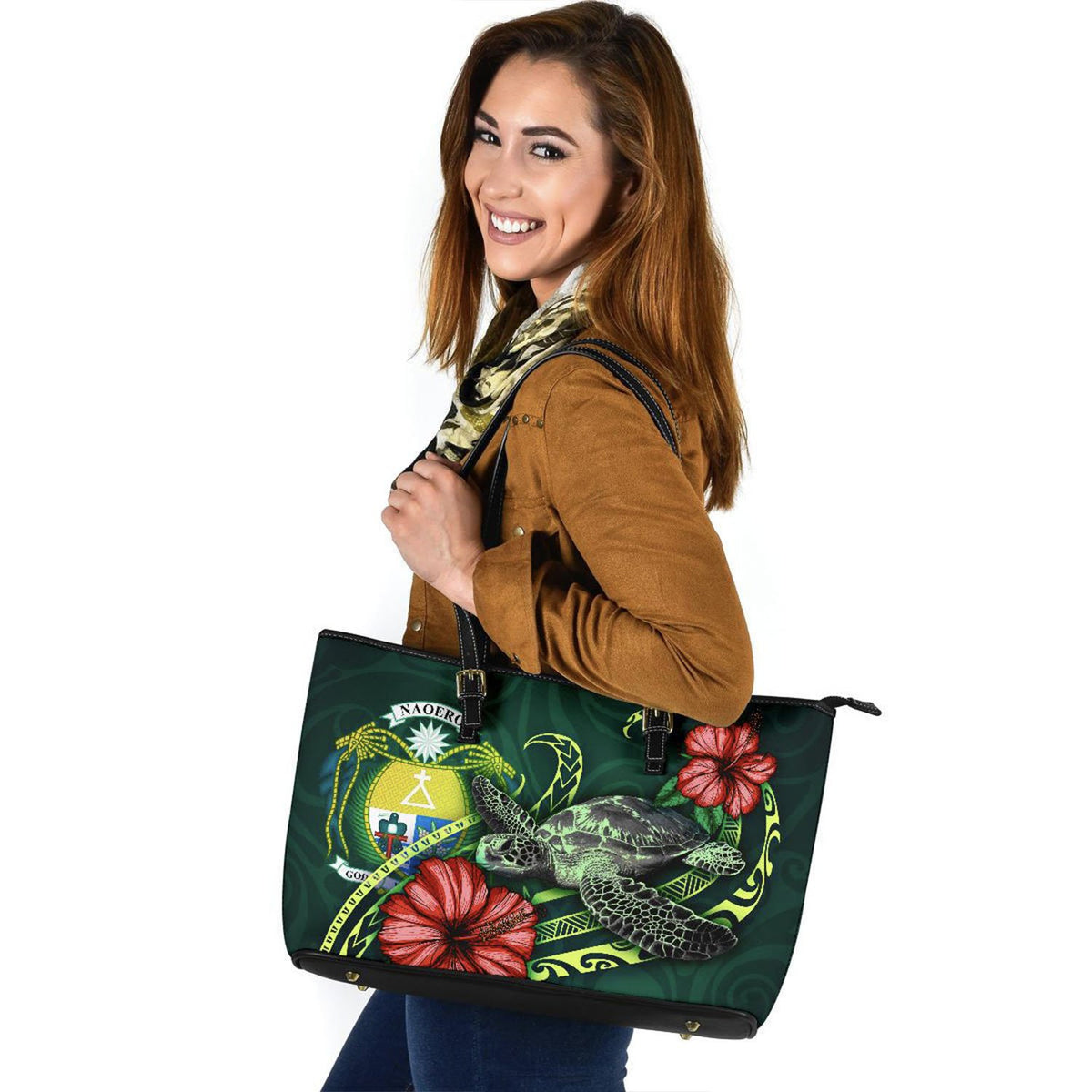 Nauru Polynesian Leather Tote Bag - Green Turtle Hibiscus - Polynesian Pride