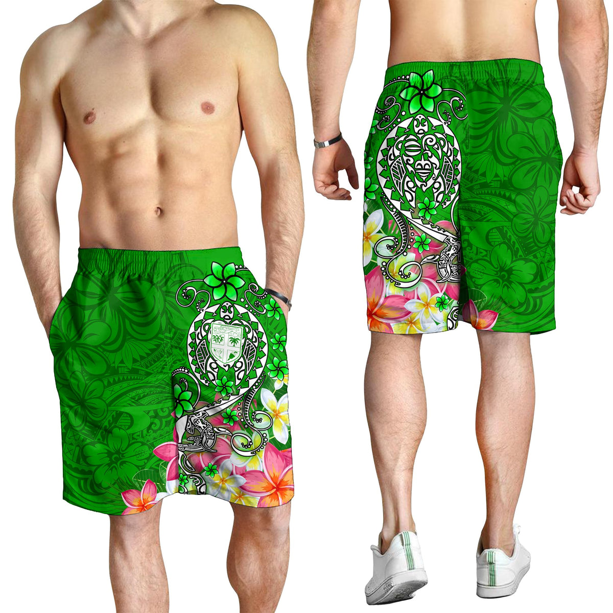 Fiji Men's Shorts - Turtle Plumeria (Green) - Polynesian Pride