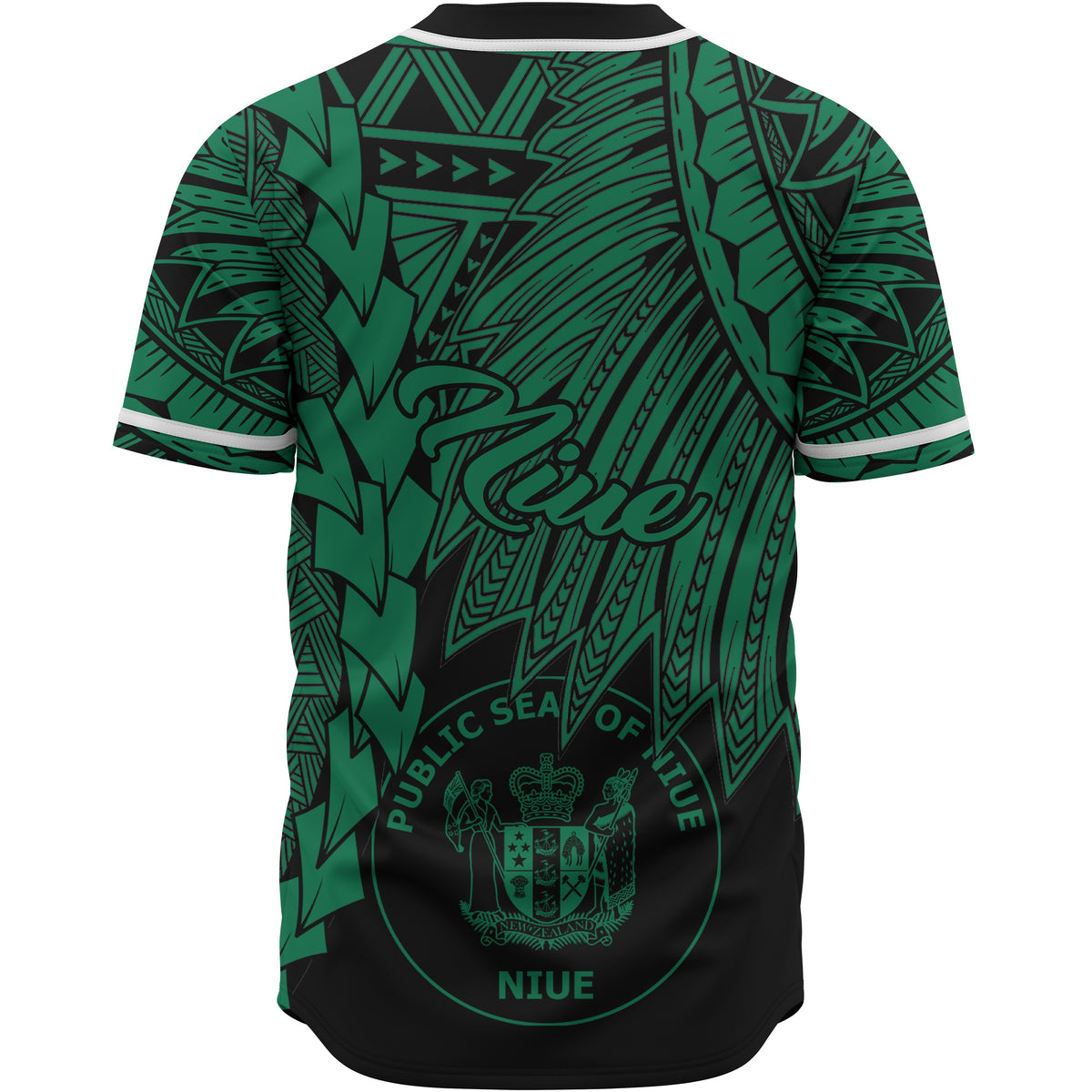 Niue Polynesian Custom Personalised Baseball Shirt - Tribal Wave Tattoo Green - Polynesian Pride