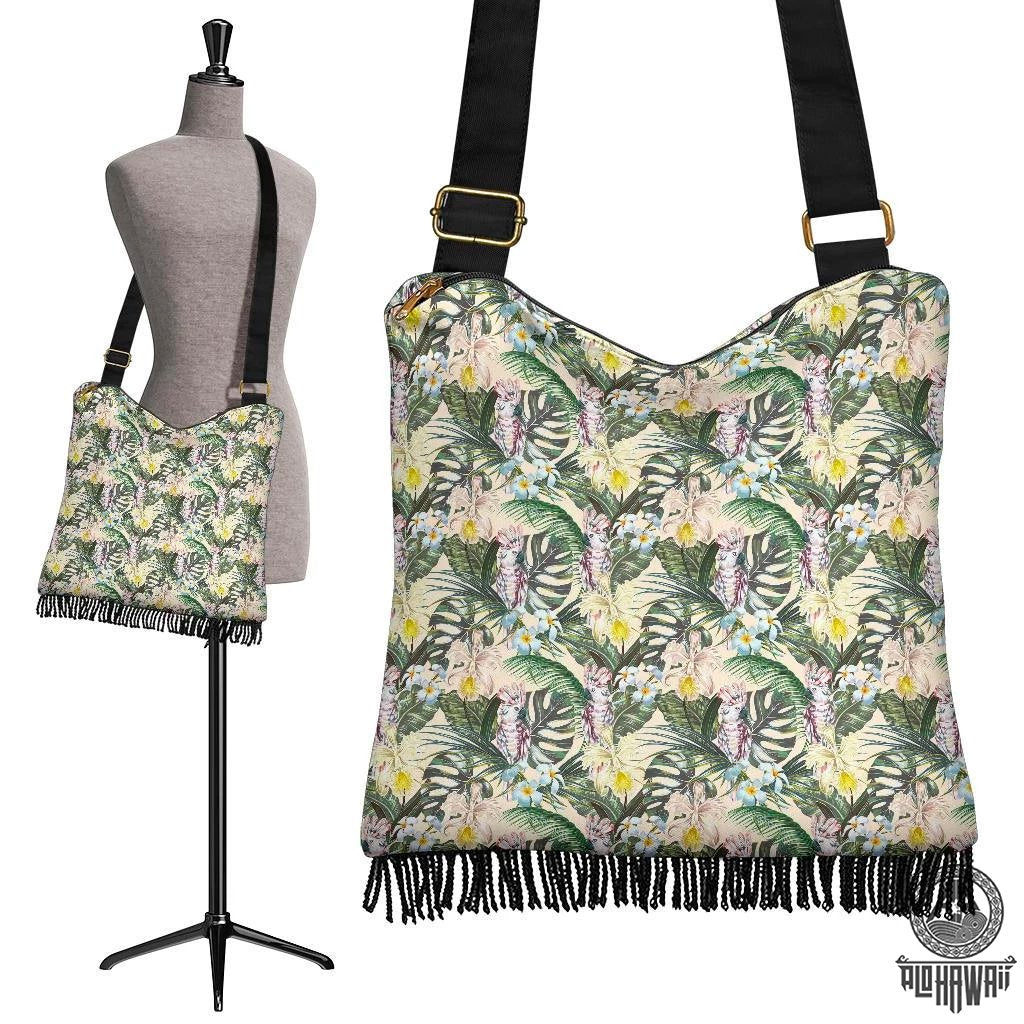 Hawaii Tropical Jungle Parrots And Flamingos Crossbody Boho Handbag Crossbody Boho Handbag One Size Green - Polynesian Pride