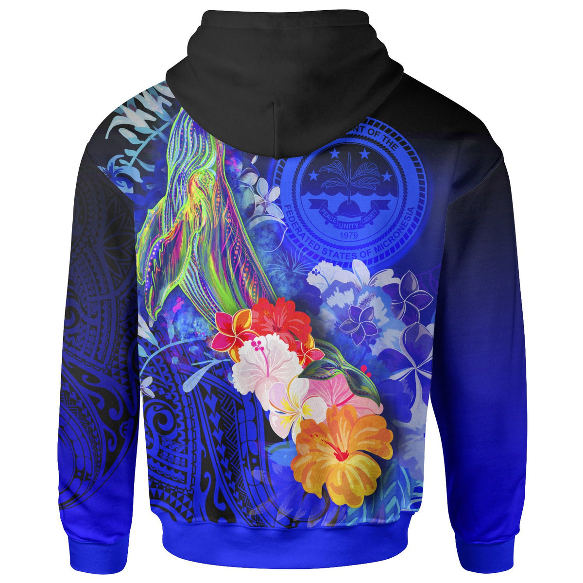 Fsm Hoodie Humpback Whale with Tropical Flowers (Blue) - Polynesian Pride
