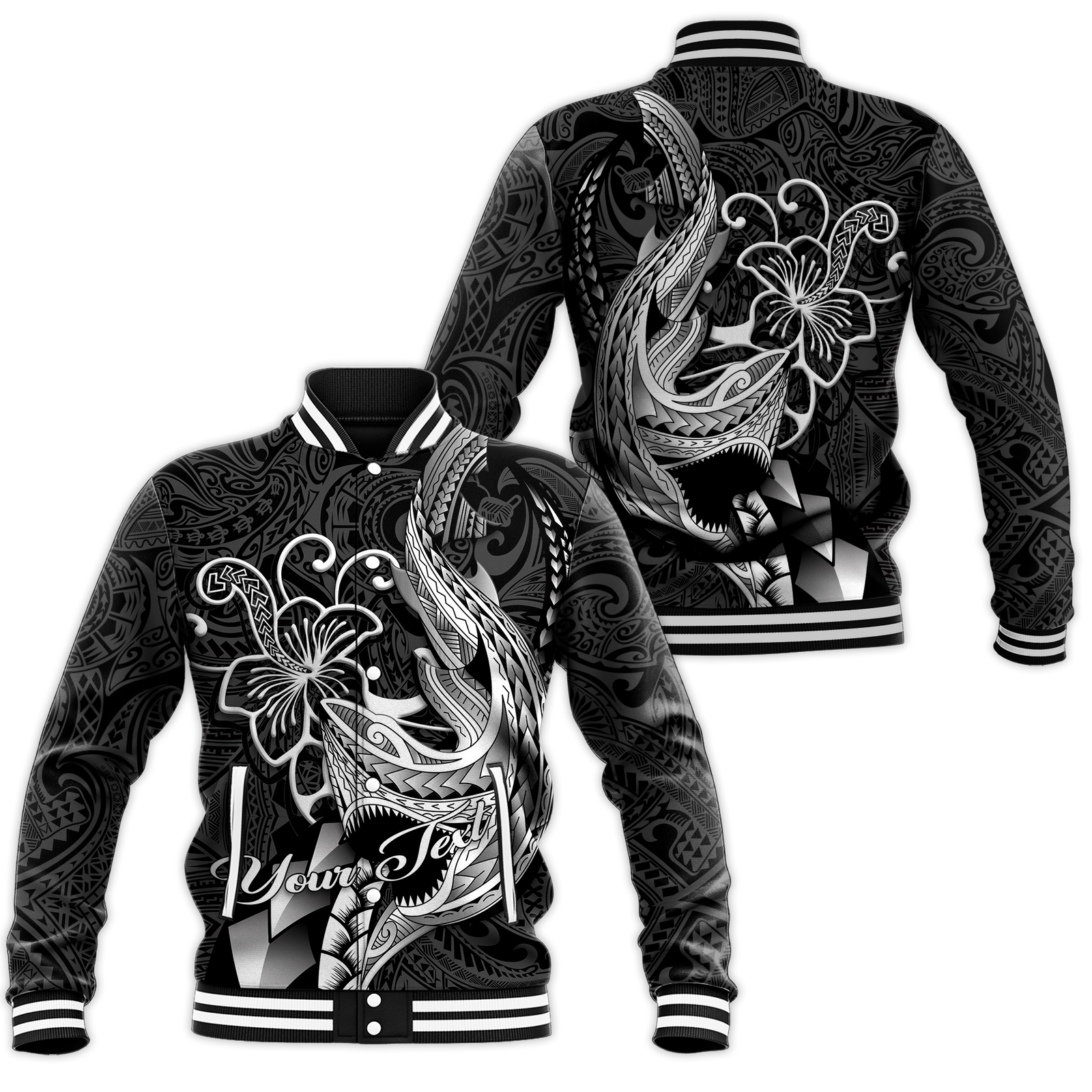 (Custom Personalised) Polynesian Shark Tattoo Hawaii Tribal Baseball Jacket - LT12 Unisex Black - Polynesian Pride